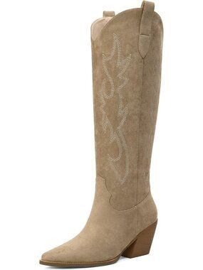 Women's Tan Embroidered Knee High Casual Block Heel Pointed Toe Cowgirl Boot